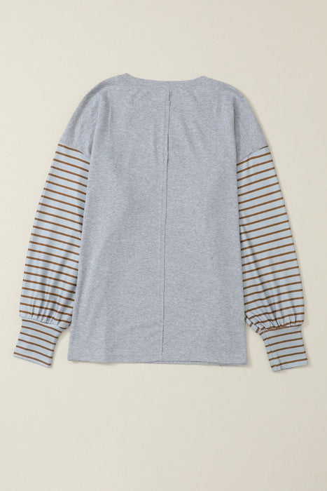 Striped Round Neck Lantern Sleeve Sweatshirt