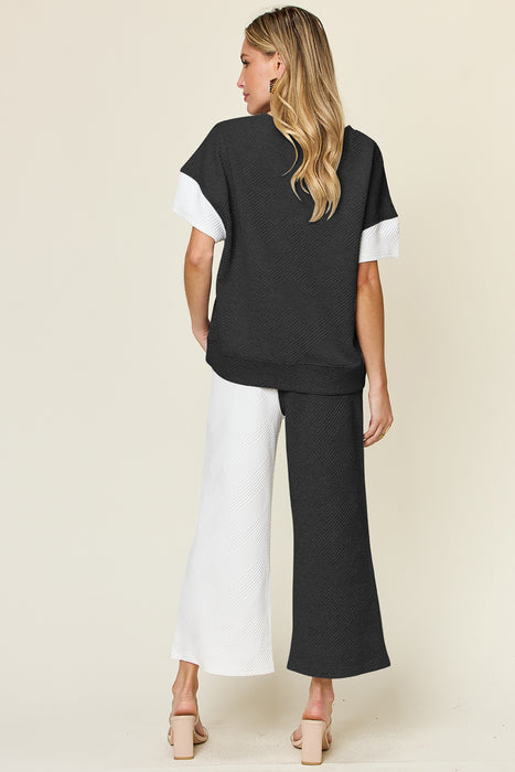 Double Take Full Size Texture Contrast T-Shirt and Wide Leg Pants Set