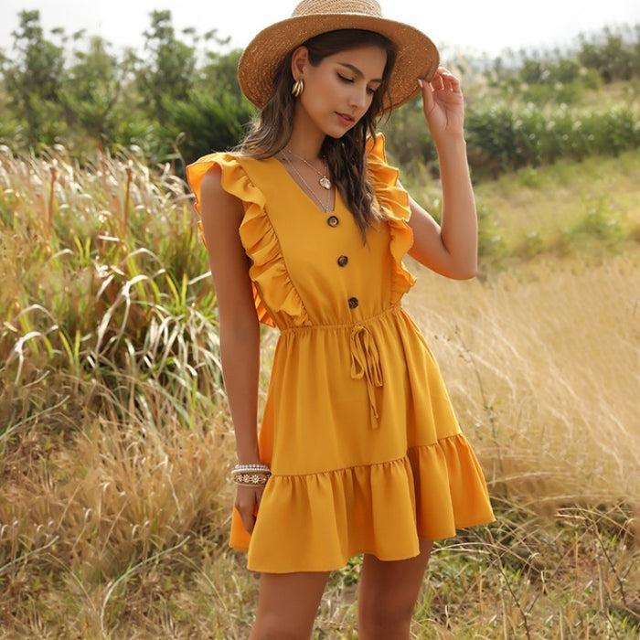 Yellow V-neck Ruffled Bubble Lace Dress