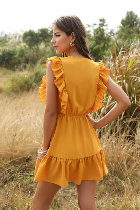 Yellow V-neck Ruffled Bubble Lace Dress