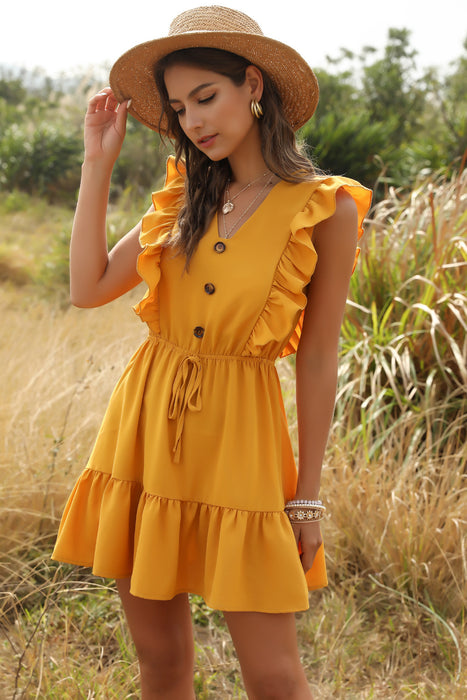 Yellow V-neck Ruffled Bubble Lace Dress