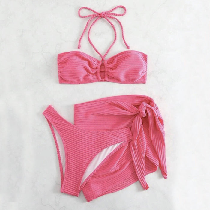 3pc Solid Color Stripe Swimsuit