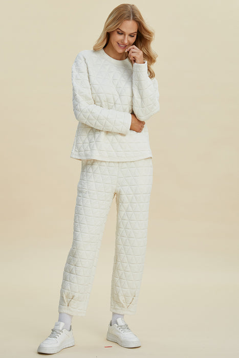 Double Take Full Size Texture Round Neck Long Sleeve Top and Pants Set