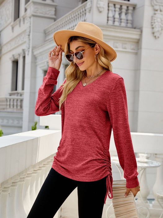 Drawstring V-Neck Long Sleeve T-Shirt