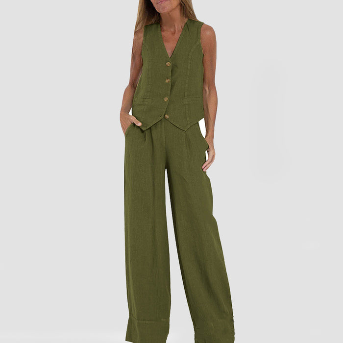 Summer Vest Suits V-neck Botton Sleeveless Top And Loose Straight Trousers