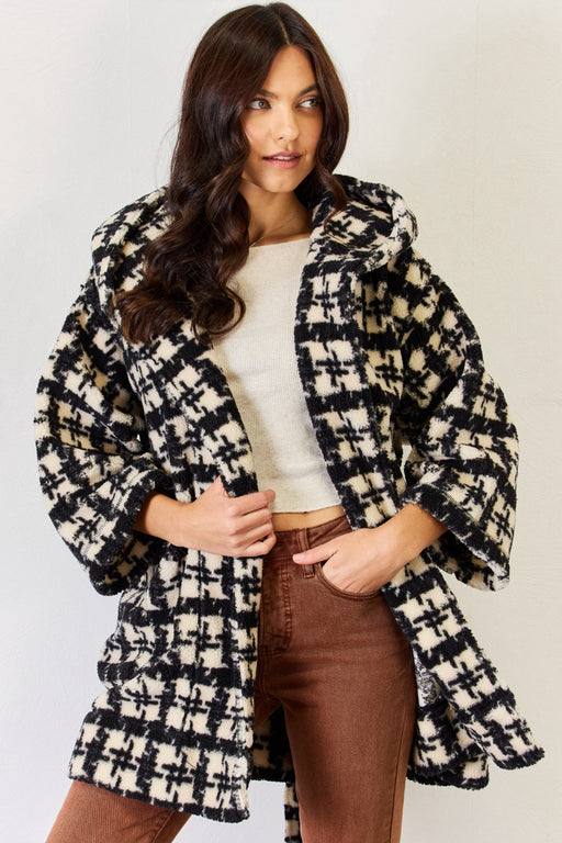 Fuzzy Plaid Waist Tie Hooded Robe Cardigan