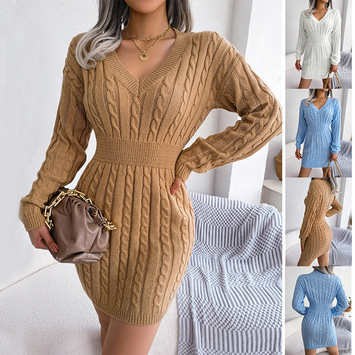 V-Neck Long Sleeve Slim Waisted Knit Dress