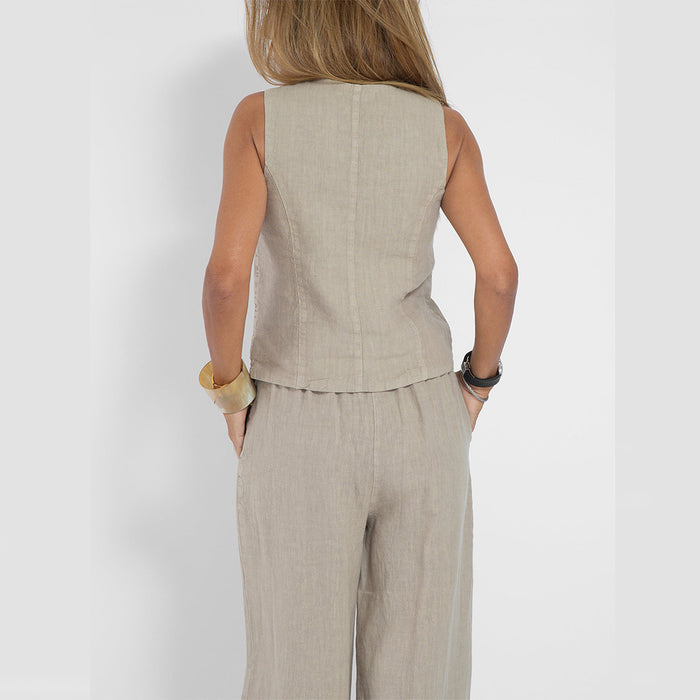 Summer Vest Suits V-neck Botton Sleeveless Top And Loose Straight Trousers