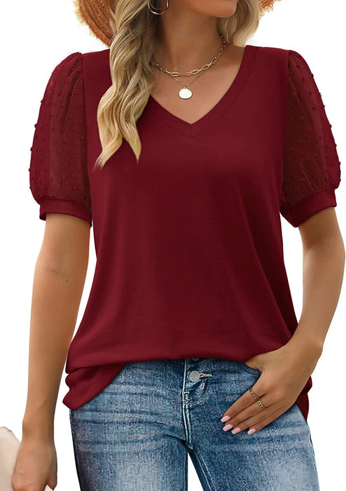 Womens Summer Tops V Neck T Shirts Dot Puff Sleeve Tops