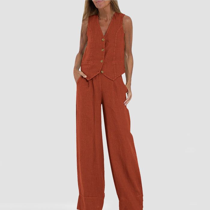 Summer Vest Suits V-neck Botton Sleeveless Top And Loose Straight Trousers