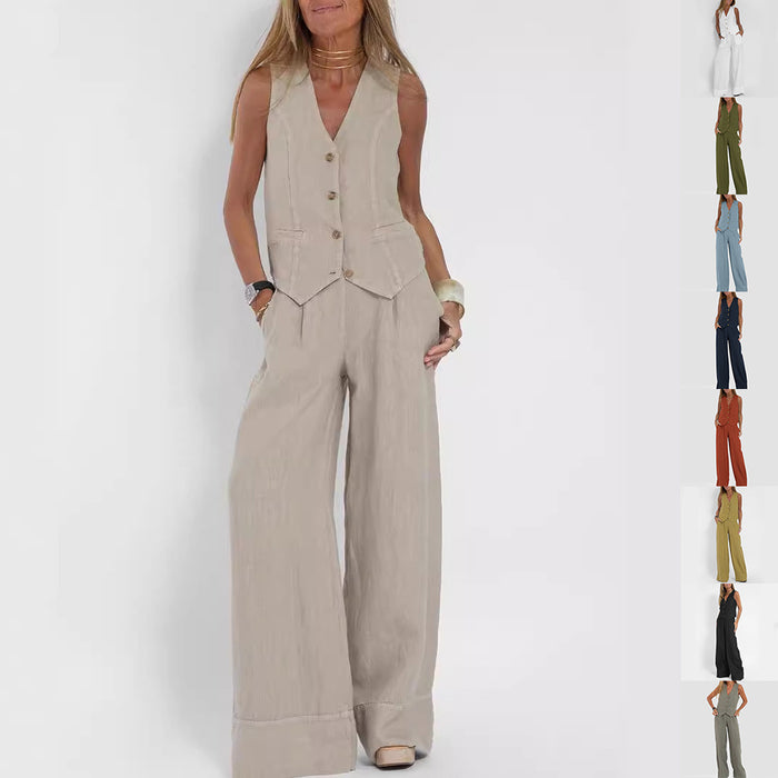 Summer Vest Suits V-neck Botton Sleeveless Top And Loose Straight Trousers