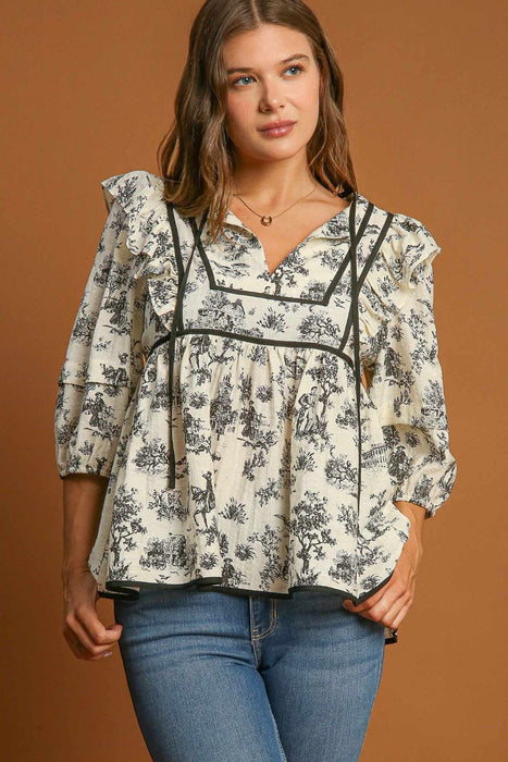 Umgee Ruffled Tie Neck Puff Sleeve Babydoll Blouse