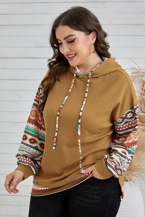 Plus Size Printed Side Slit Waffle-Knit Hoodie