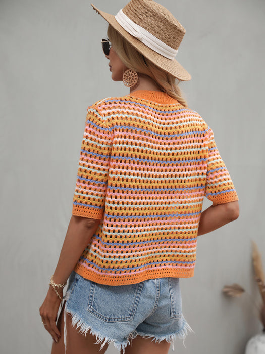 Striped Openwork Half Sleeve Knit Top