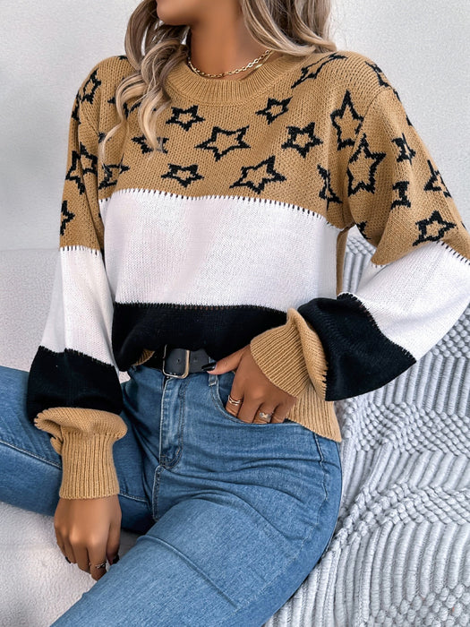 Star Contrast Round Neck Sweater