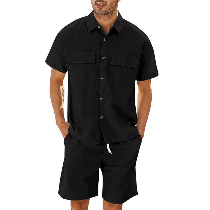 Short Sleeve Lapel Pockets Shirt And Drawstring Shorts Set