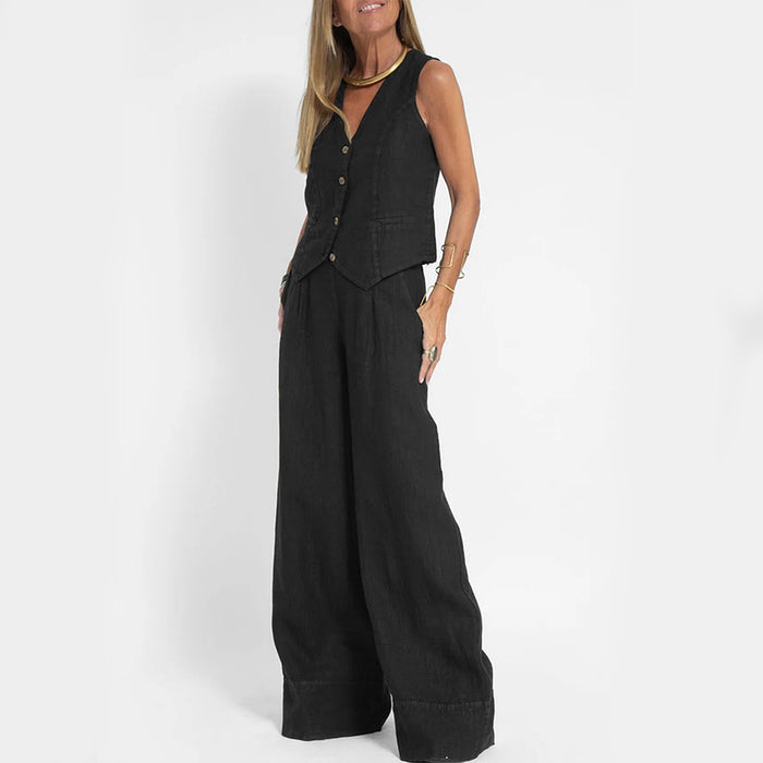 Summer Vest Suits V-neck Botton Sleeveless Top And Loose Straight Trousers