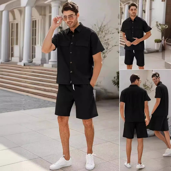 Short Sleeve Lapel Pockets Shirt And Drawstring Shorts Set