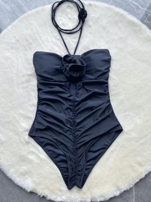 Black 3D Flower One Piece Monokini