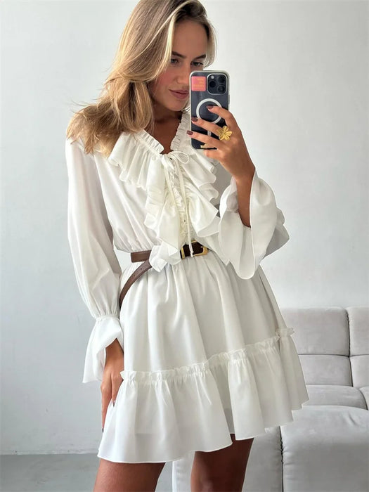 Tossy Ruffled V-Neck White Mini Dress Female Patchwork Long Sleeve Elegant Bandage Fashion Dress High Waist Lace-Up Women Dress