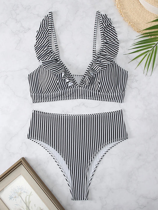 Two-piece Striped Ruffle Bikini Swimsuit