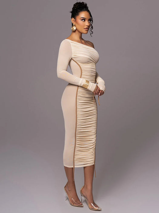 Mozision Diagonal Collar Long Sleeve Midi Dress