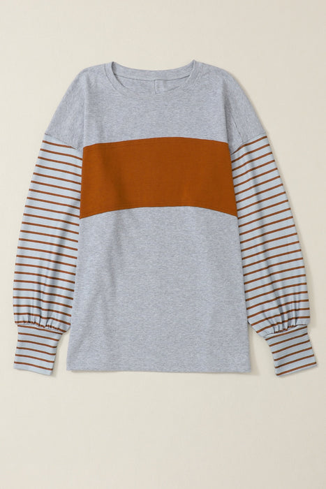 Striped Round Neck Lantern Sleeve Sweatshirt