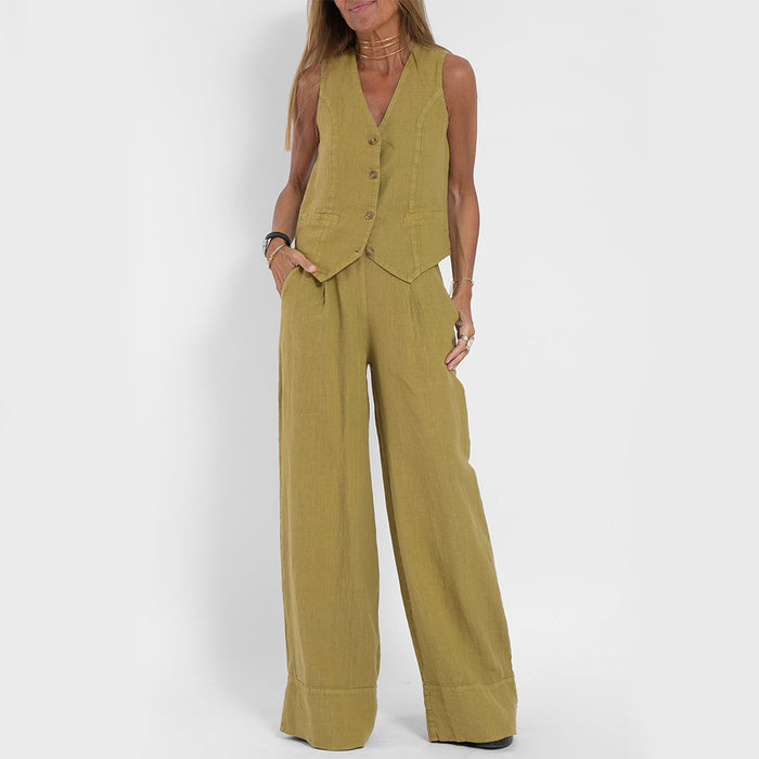 Summer Vest Suits V-neck Botton Sleeveless Top And Loose Straight Trousers