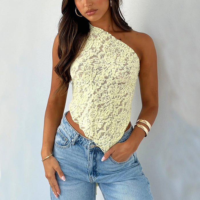 Lace Backless Solid Color Waistless Asymmetrical Sloped Neck Vest