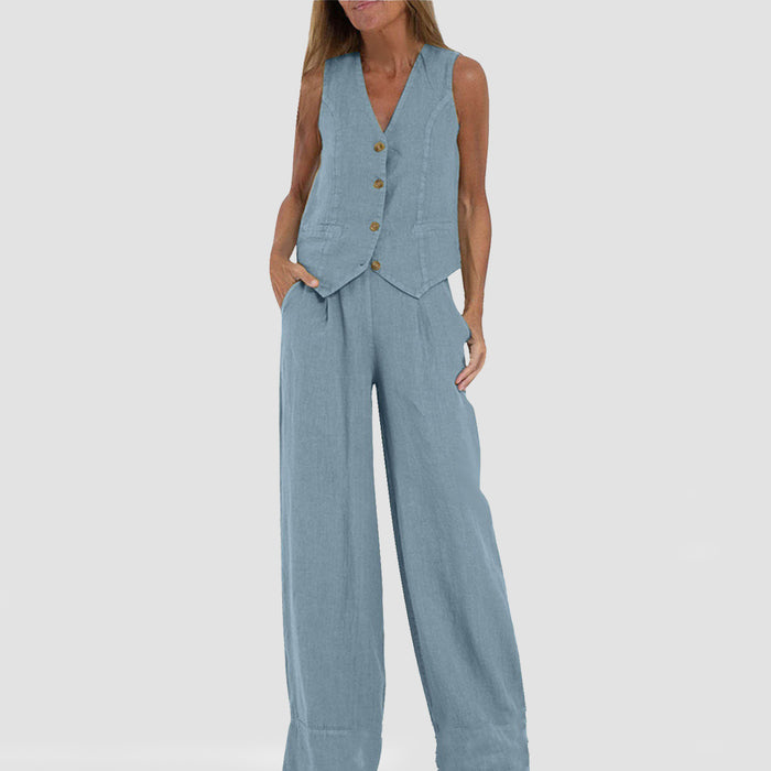 Summer Vest Suits V-neck Botton Sleeveless Top And Loose Straight Trousers