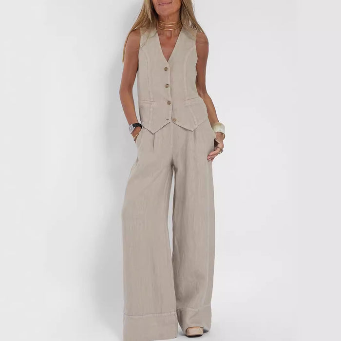 Summer Vest Suits V-neck Botton Sleeveless Top And Loose Straight Trousers