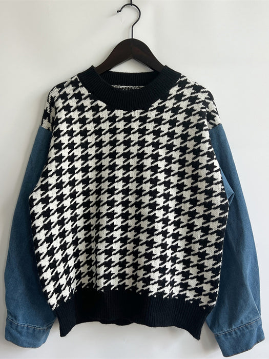 Houndstooth Denim Sleeve Sweater