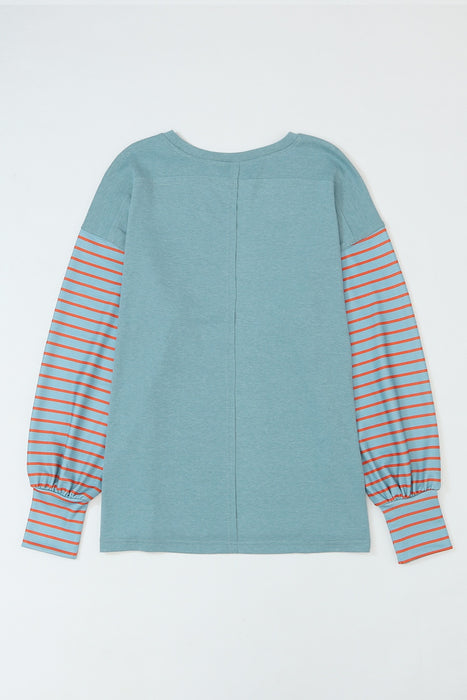 Striped Round Neck Lantern Sleeve Sweatshirt