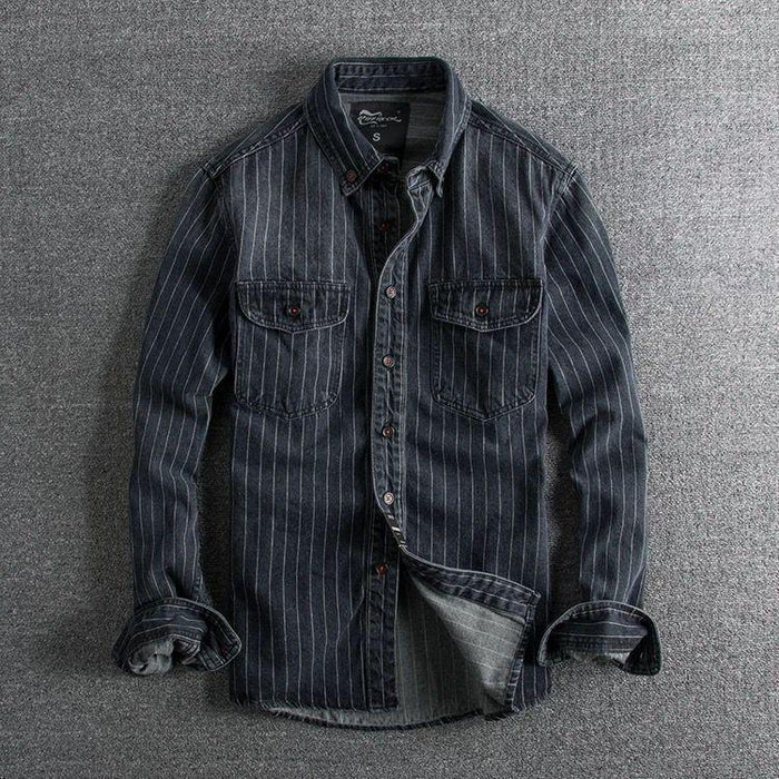 Denim Shirt Retro Heavy Distressed Thick Striped Long Sleeve Coat