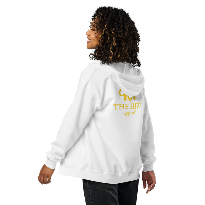 The Hive Apparel branded white unisex heavy blend zip hoodie