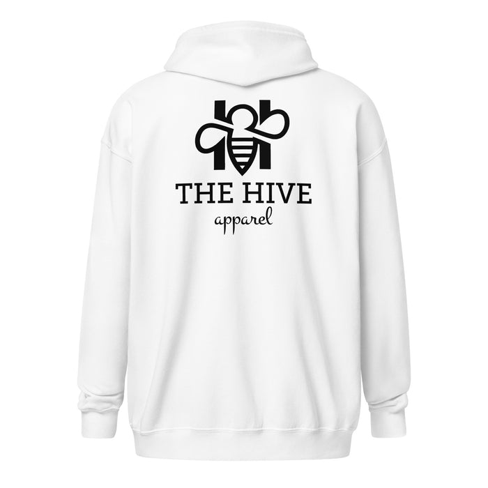 The Hive Apparel white unisex heavy blend zip hoodie (black logo)