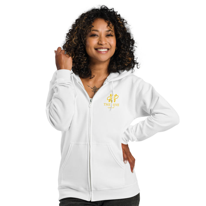 The Hive Apparel branded white unisex heavy blend zip hoodie