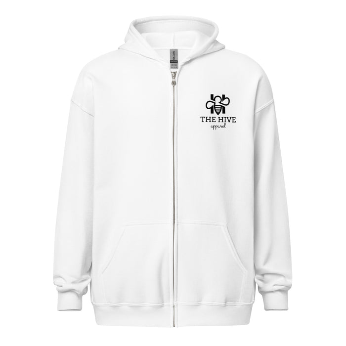 The Hive Apparel white unisex heavy blend zip hoodie (black logo)