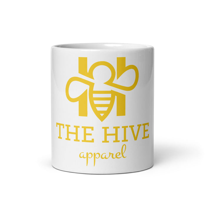 The Hive Apparel white glossy mug with yellow text